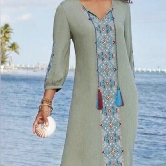 Soft Surroundings Women's Size Medium Kaftan Dress Gown Embroidered Size Medium - Picture 1 of 9